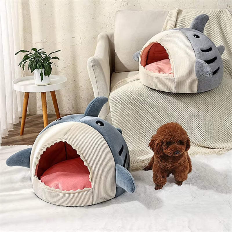 Semi-Enclose Cute Shark Pet Bed for Cats Dogs House Kennel Soft Pet Nest Tent Warm Cave Winter Plush Cat Bed