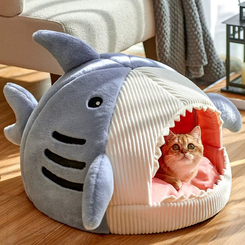 Semi-Enclose Cute Shark Pet Bed for Cats Dogs House Kennel Soft Pet Nest Tent Warm Cave Winter Plush Cat Bed