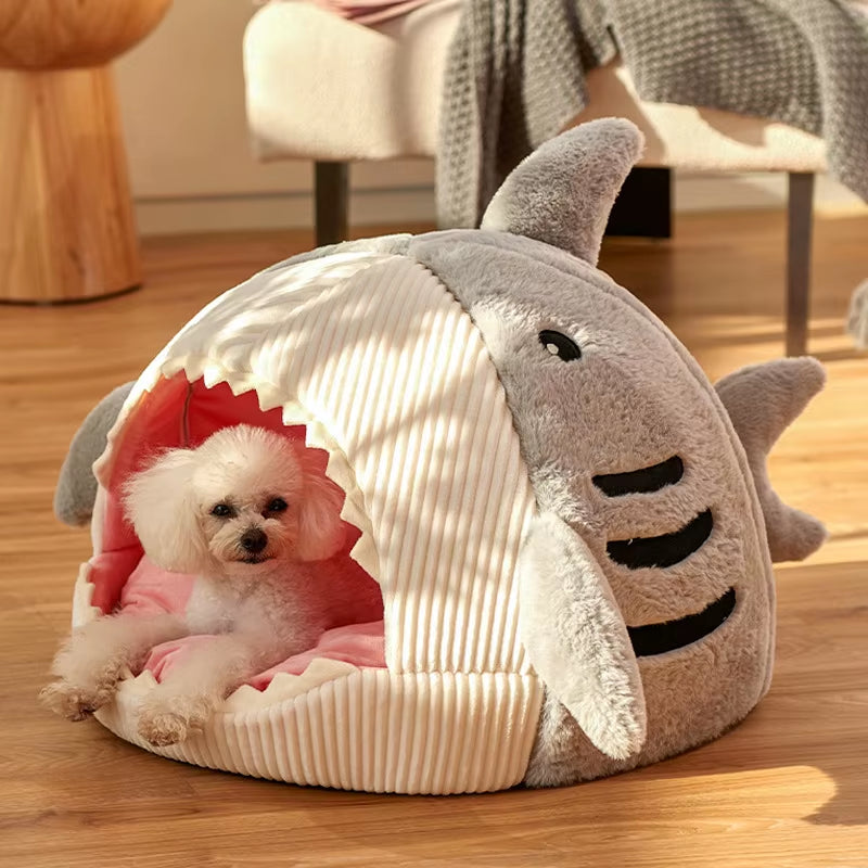 Semi-Enclose Cute Shark Pet Bed for Cats Dogs House Kennel Soft Pet Nest Tent Warm Cave Winter Plush Cat Bed
