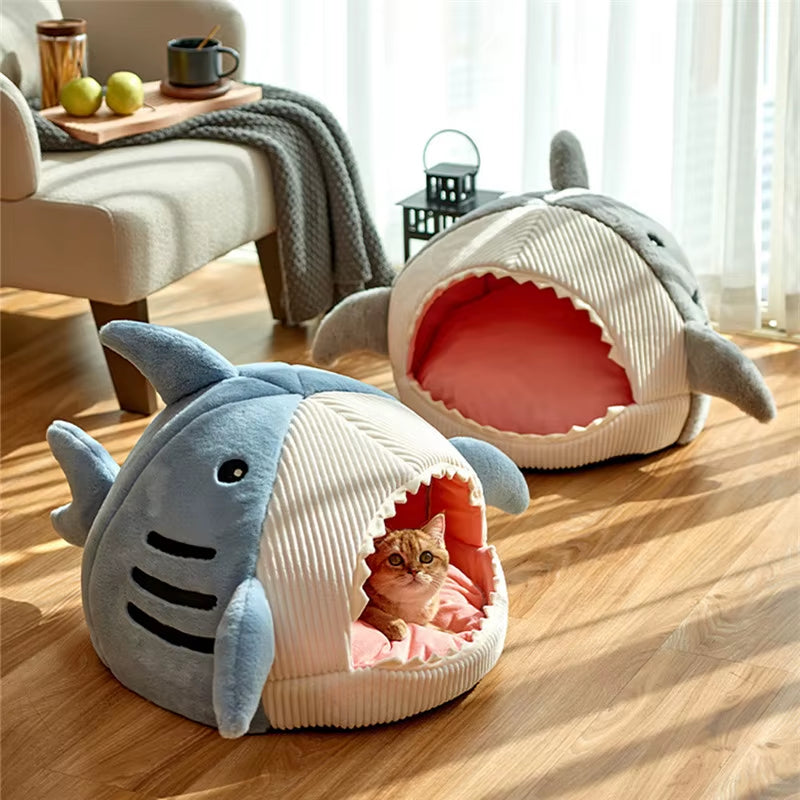Semi-Enclose Cute Shark Pet Bed for Cats Dogs House Kennel Soft Pet Nest Tent Warm Cave Winter Plush Cat Bed