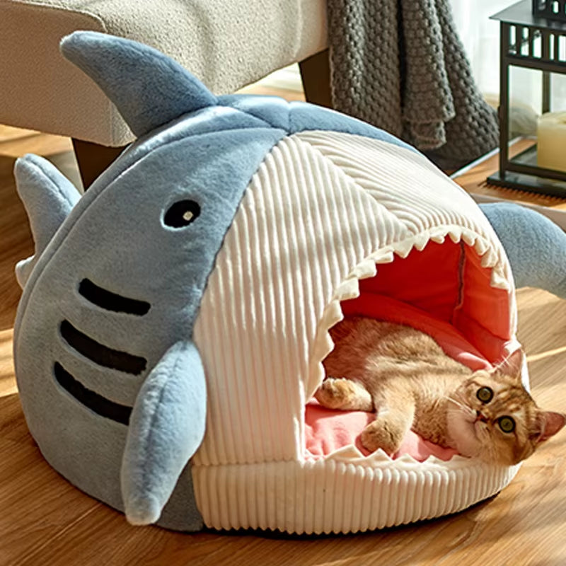 Semi-Enclose Cute Shark Pet Bed for Cats Dogs House Kennel Soft Pet Nest Tent Warm Cave Winter Plush Cat Bed